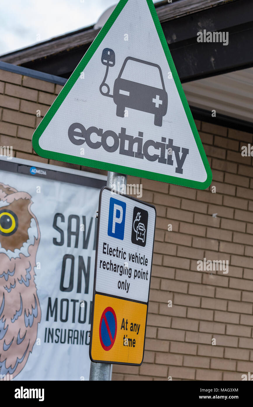 An eco trinity electricity electric car charging point at a motorway service station on the m5
