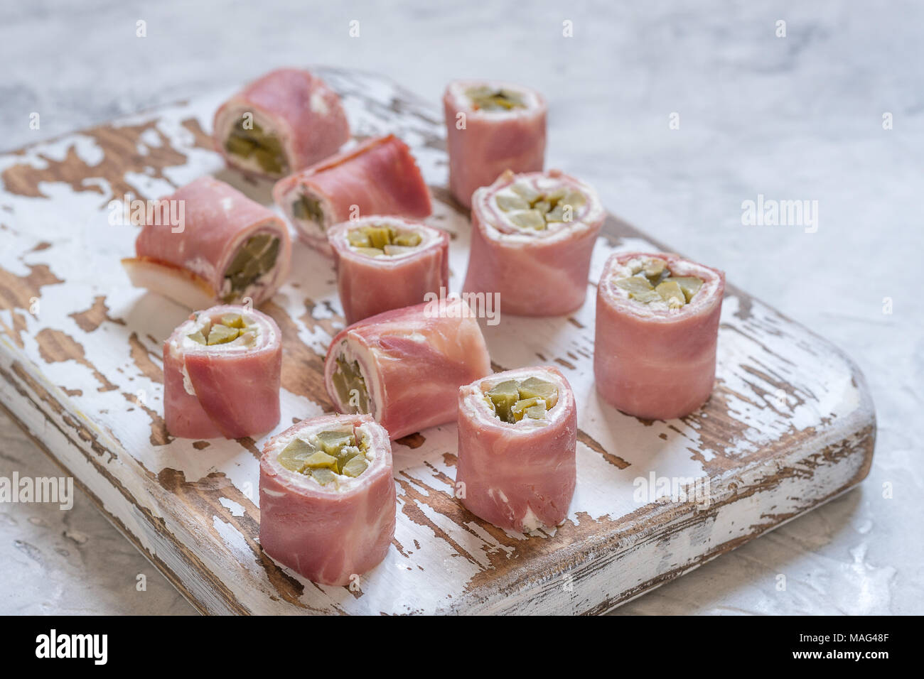 Ham Roll Ups are made with pickles and cream cheese Stock Photo Alamy