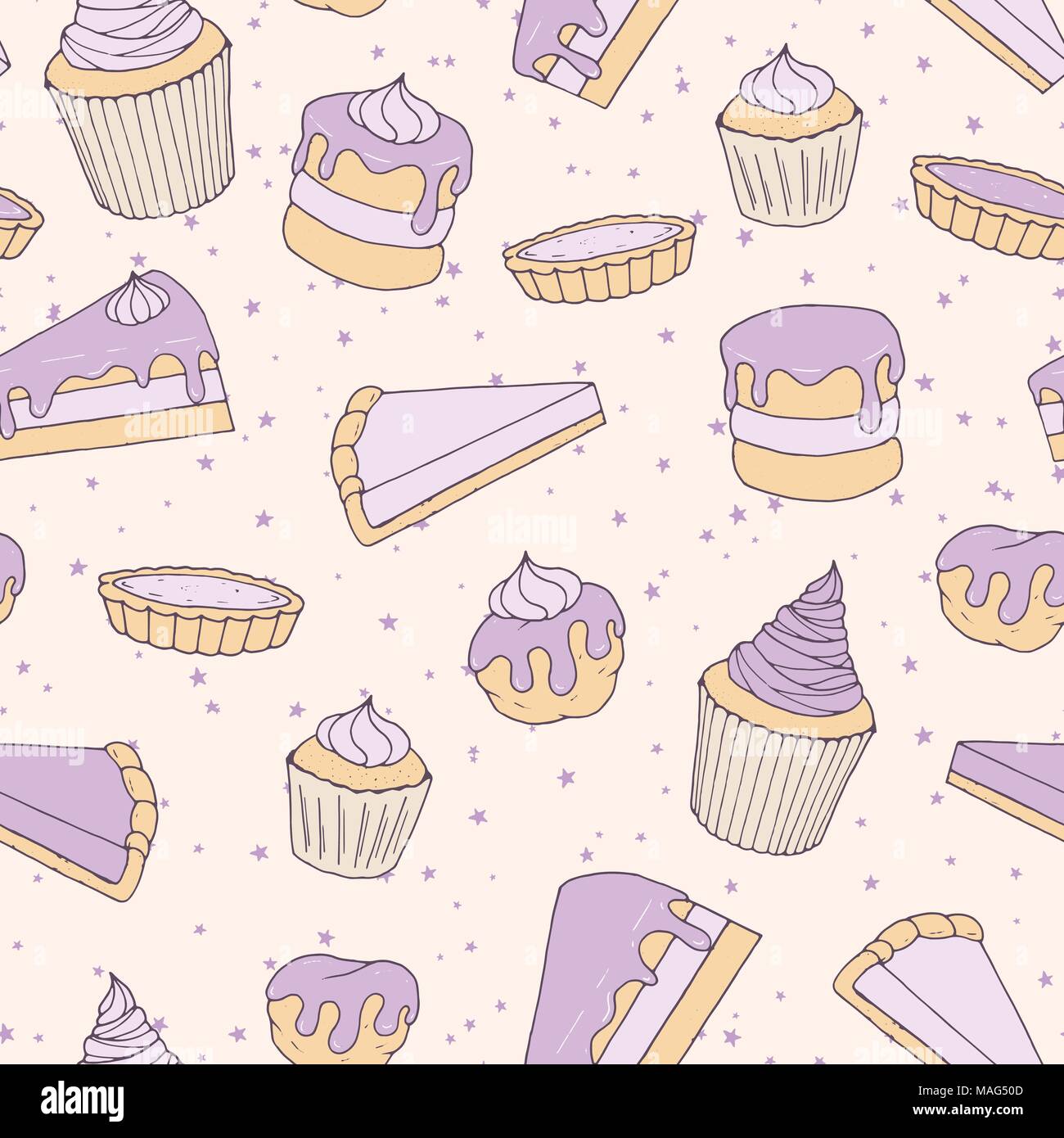 Vector pastry seamless pattern with cakes, pies, tarts, muffins and ...