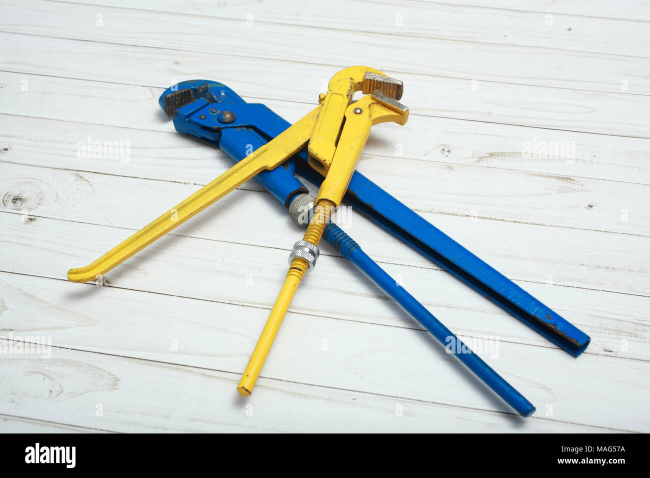 Two adjustable pipe wrench, pliers, wrenches or plumbing tool, on white