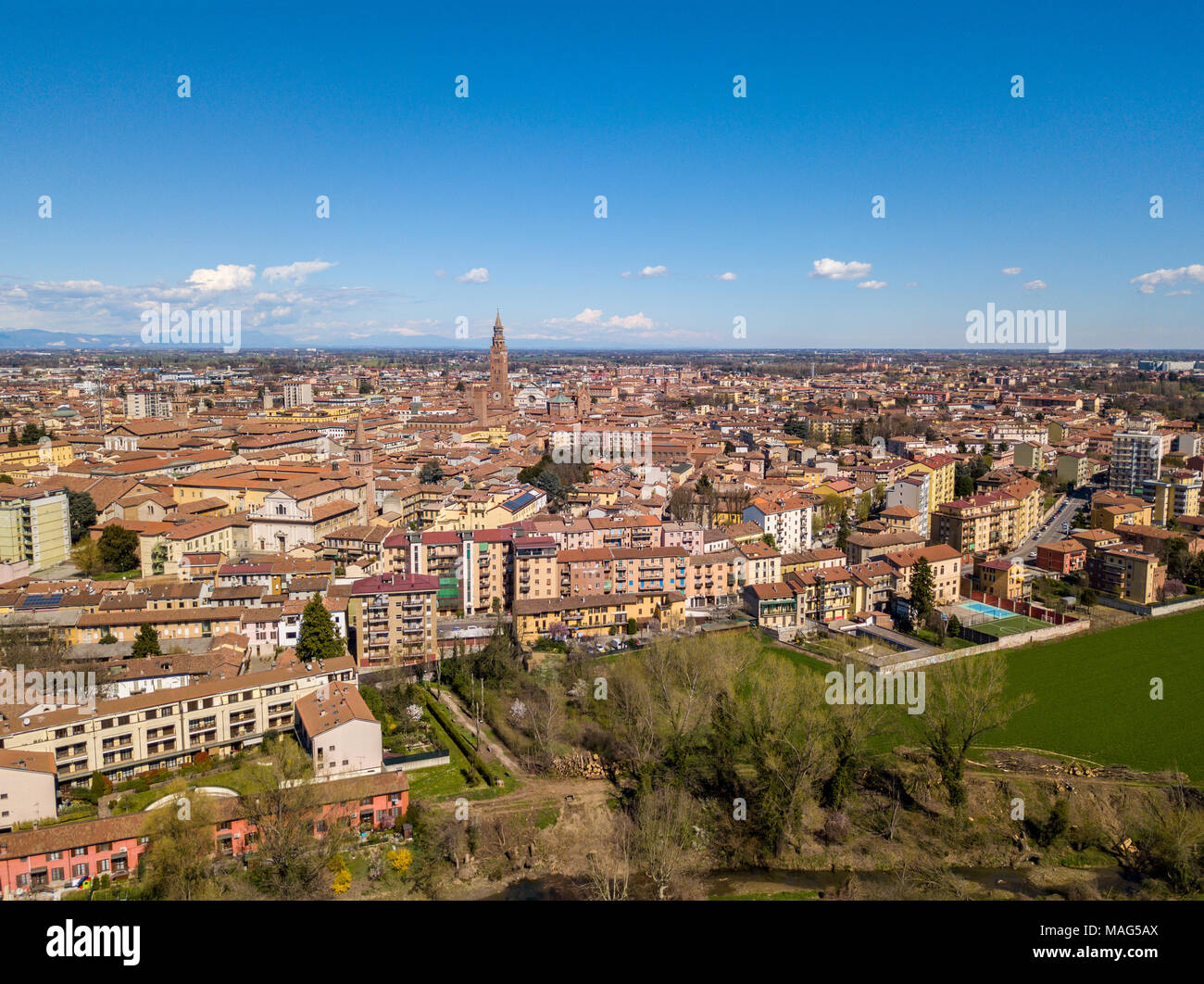 Aerial view of the city of Cremona, Lombardy, Italy. Cathedral and Torrazzo of Cremona, the tallest bell tower in Italy 112 meters high Stock Photo