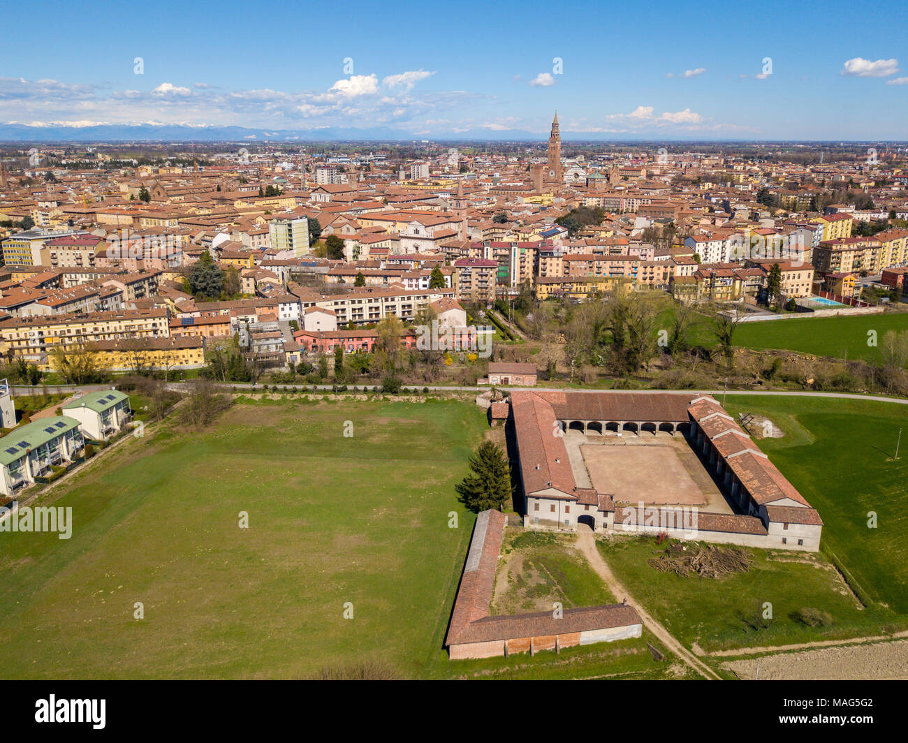 Aerial view of the city of Cremona, Lombardy, Italy. Cathedral and