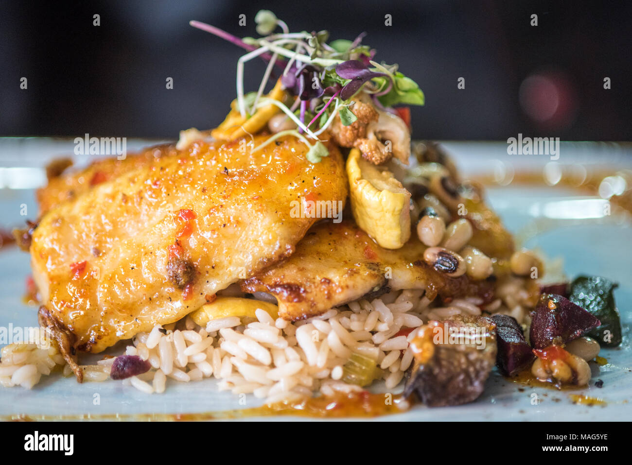 Gourmet plated dish featuring local and sustainably-sourced blue catfish, pan-seared and glazed with a sweet curry sauce. Served with HoppinÕ John and Stock Photo