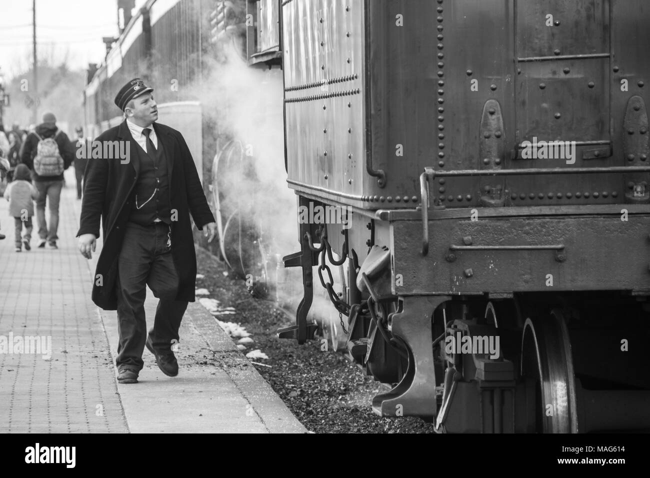 Train conductor at the Strasburg Rail Road in Pennsylvania Stock Photo