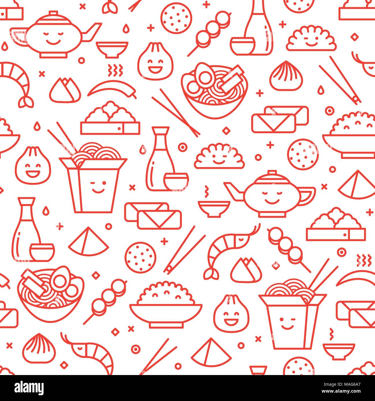 Vector line art seamless pattern of Chinese cuisine in outlined icons. Traditional food of different provinces of China take out boxes, noodles, dim Stock Vector