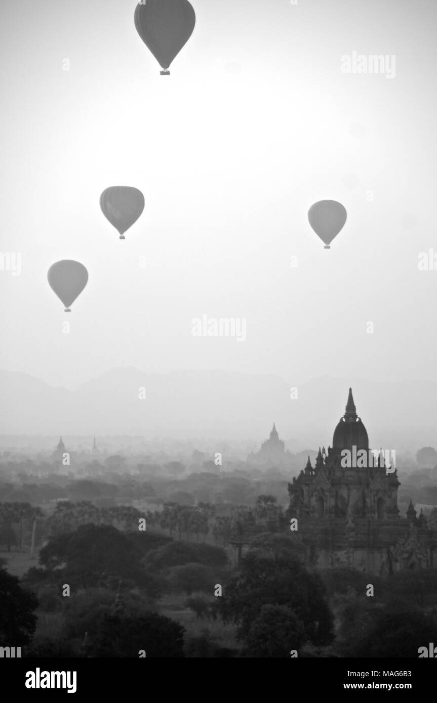 Black and white sunrise in Bagan, Myanmar Stock Photo