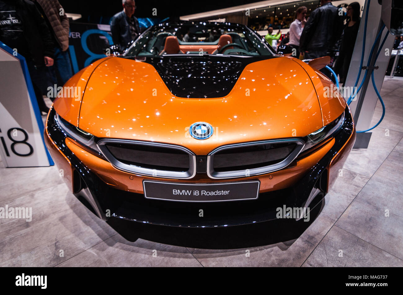 GENEVA, SWITZERLAND - MARCH 17, 2018: BMW I8 ROADSTER Superfast sports car  presented at the 88th Geneva International Motor Show Stock Photo - Alamy