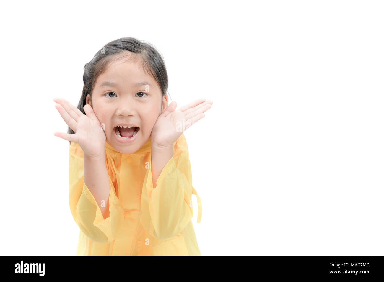 Happy girl is wearing yellow raincoat smile isolated on white