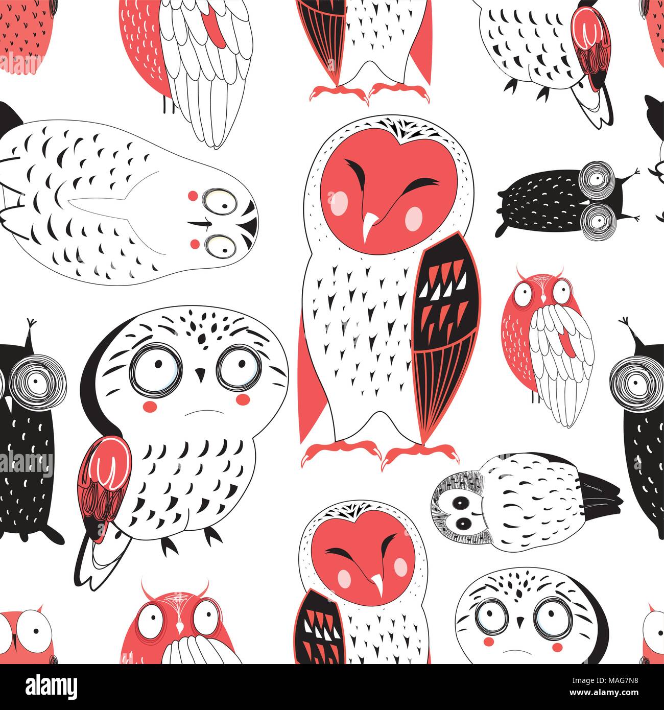 Vector seamless graphic pattern of funny owls on white Stock Vector ...