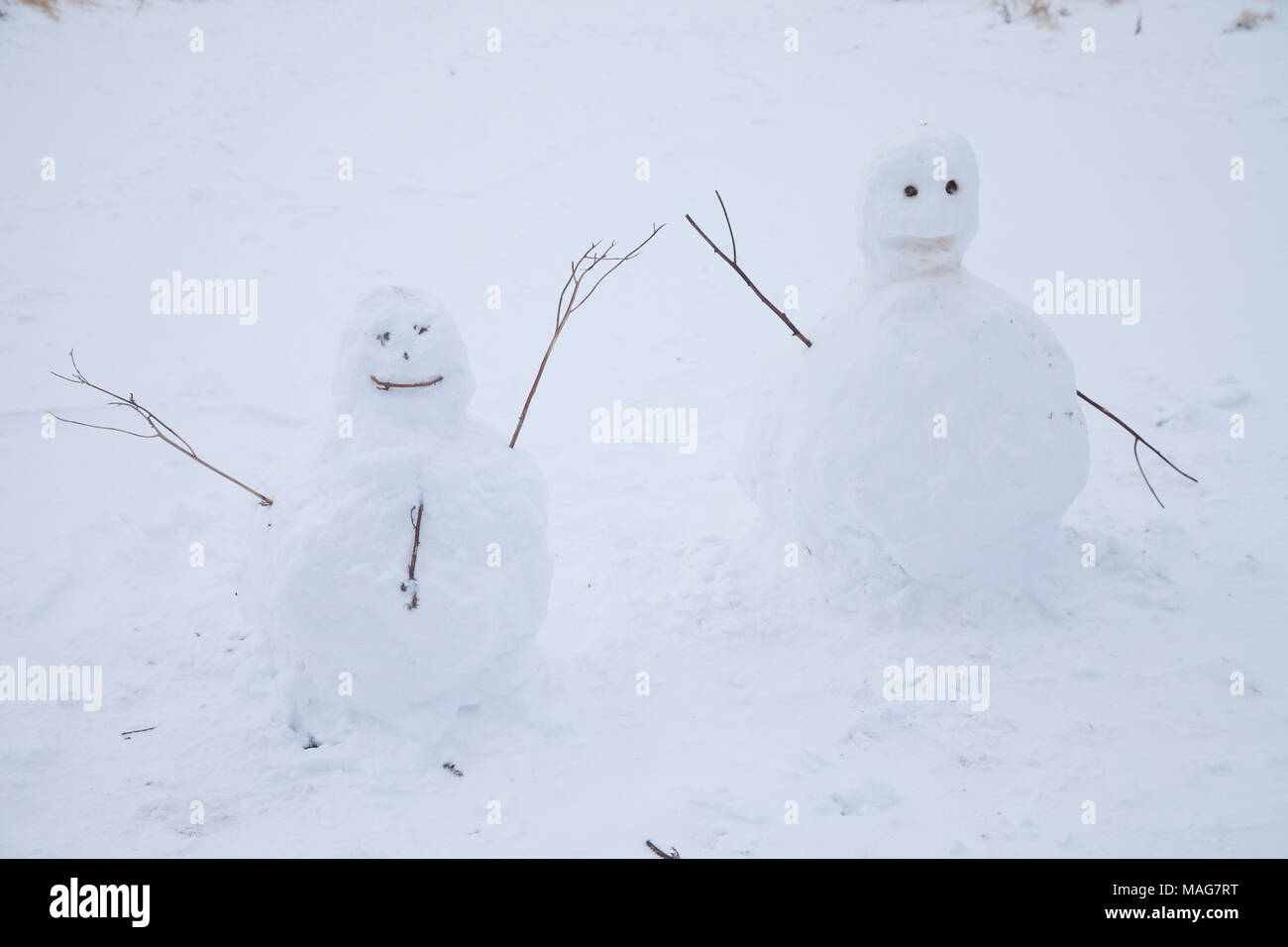 Two snowmen side by side in field in Dalgety Bay Fife Scotland Stock ...