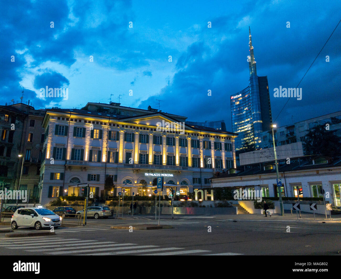 Milan, Unicredit Tower and NH Palazzo Moscova, hotel, corner Melchiorre Gioia street and Viale Monte Grappa. 03/30/2018. City skyline. Italy Stock Photo