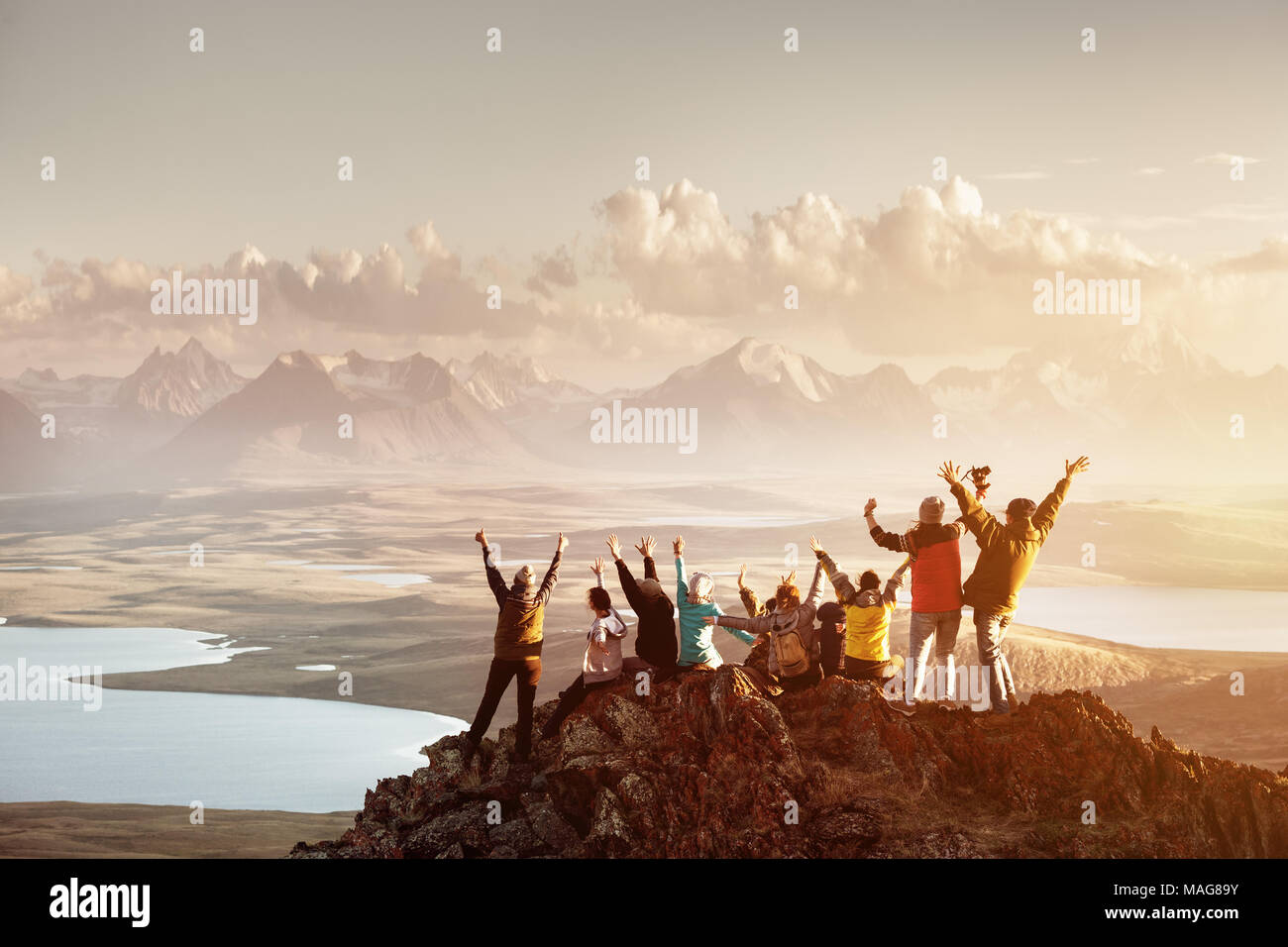 Big group of people success mountain top Stock Photo