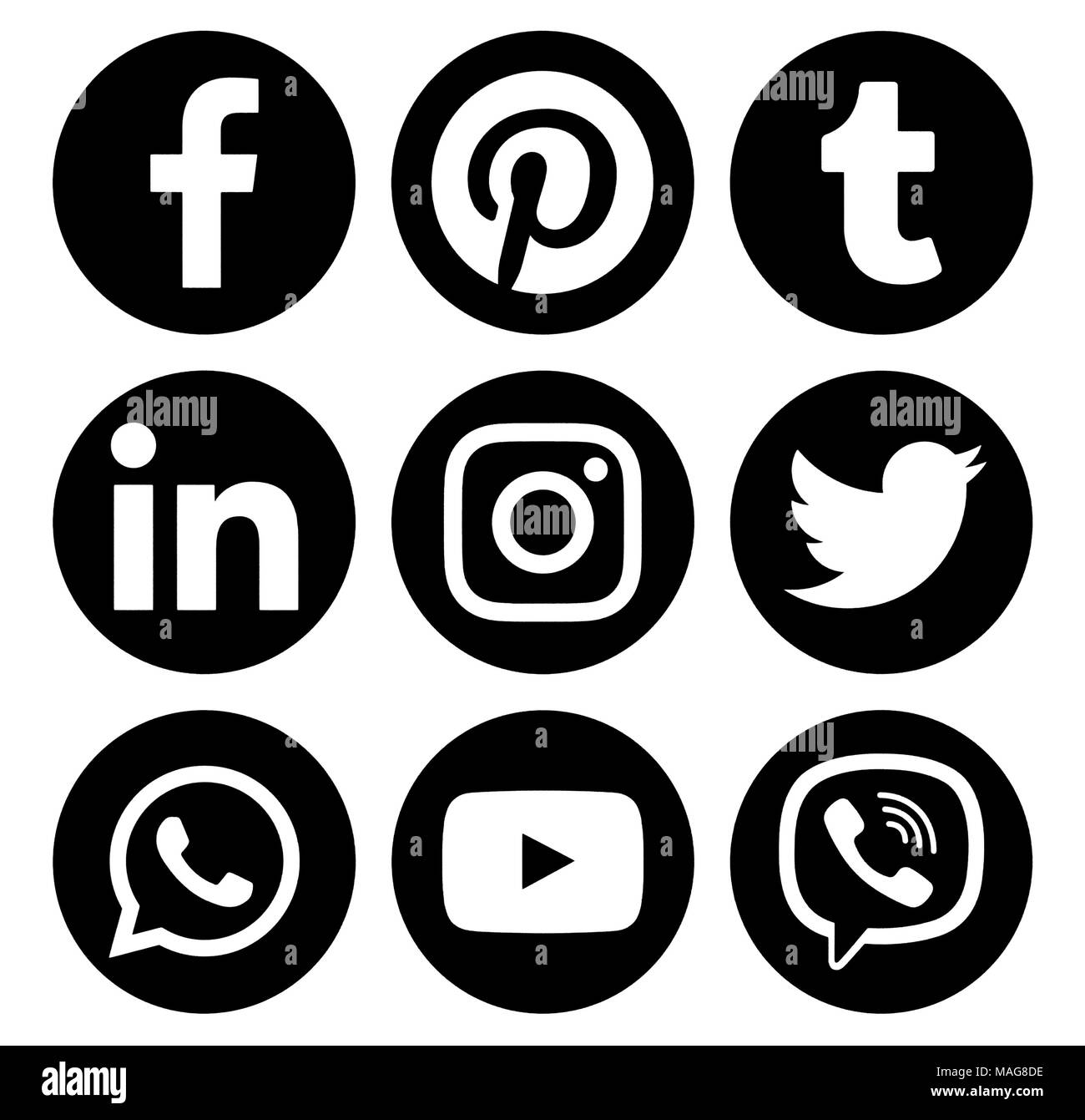 Kiev, Ukraine - January 16, 2018: Popular circle social media black logos printed on paper: Facebook, Twitter, Instagram, Pinterest, LinkedIn, Viber,  Stock Photo