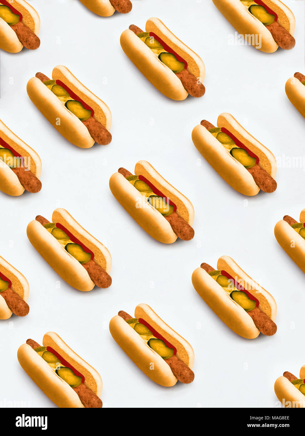 Hot dog Pattern with hot dogs with mustard and pickled cucumbers on