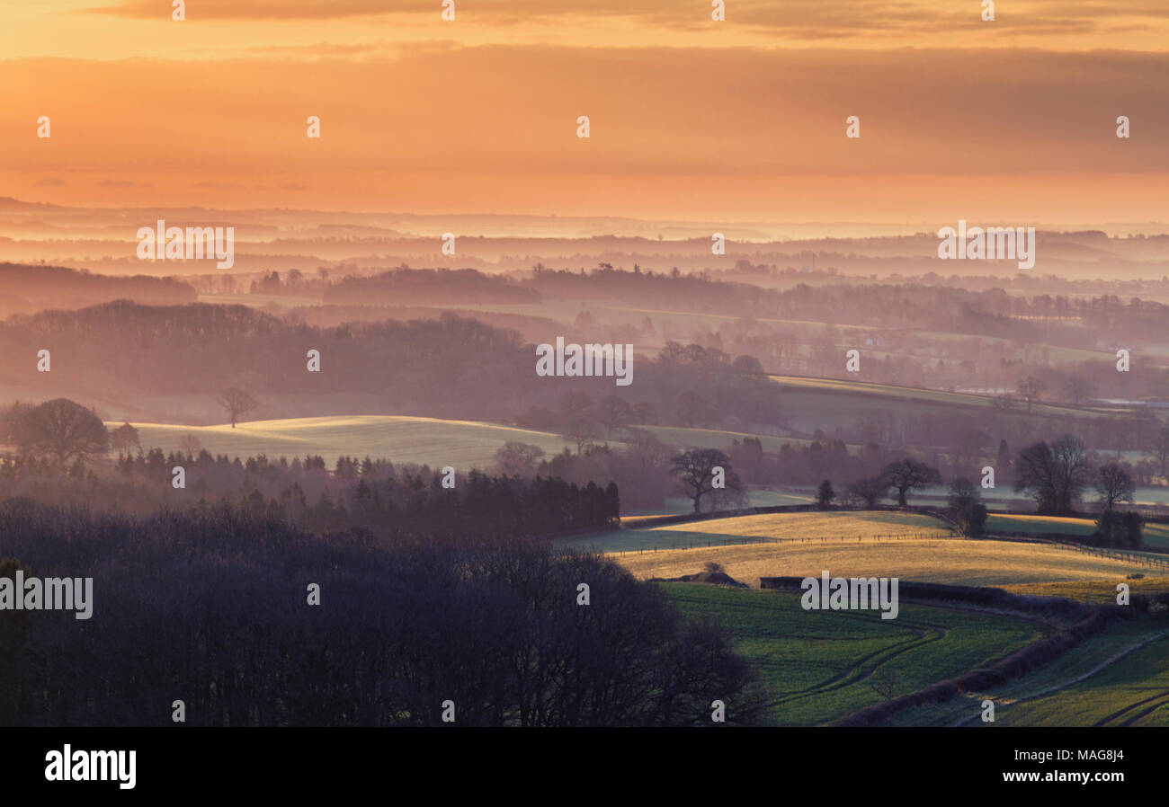 British farming fields in sunrise light at spring in Much Wenlock ...