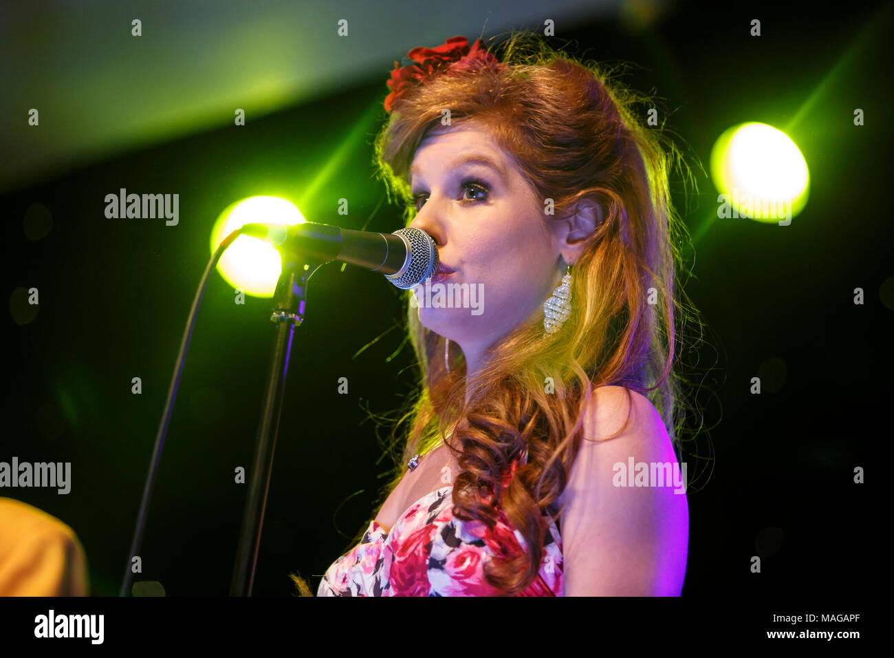Nantwich, Cheshire, UK. 1st April, 2018.Cassidy Janson joins The Jive Aces during their performance at the Nantwich Civic Hall during the 22nd Nantwich Jazz, Blues and Music Festival. Credit: Simon Newbury/Alamy Live News Stock Photo