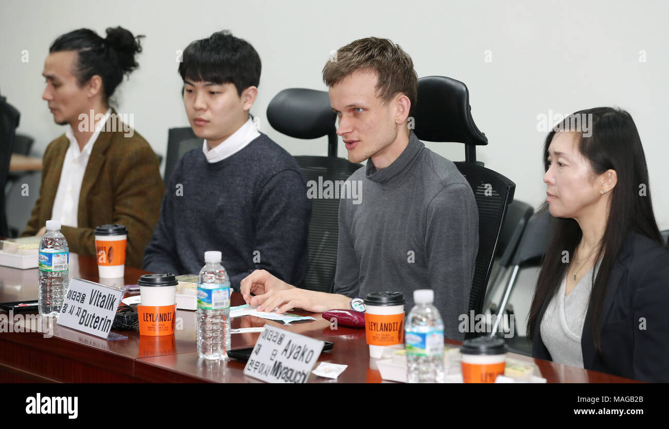 Seoul, South Korea. 02nd Apr, 2018. Ethereum creator in Seoul Vitalik  Buterin (2nd from R), the creator of the ethereum cryptocurrency, speaks  during a forum on virtual currency, blockchain and the distributed
