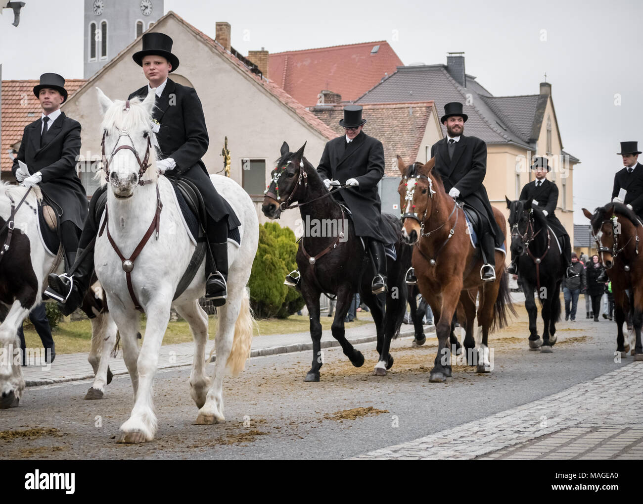 Lausitz, Germany. 1st Apr, 2018. Close up of a group of Easter riders (Osterreiter) in Ralbitz Credit: Krino/Alamy Live News Stock Photo