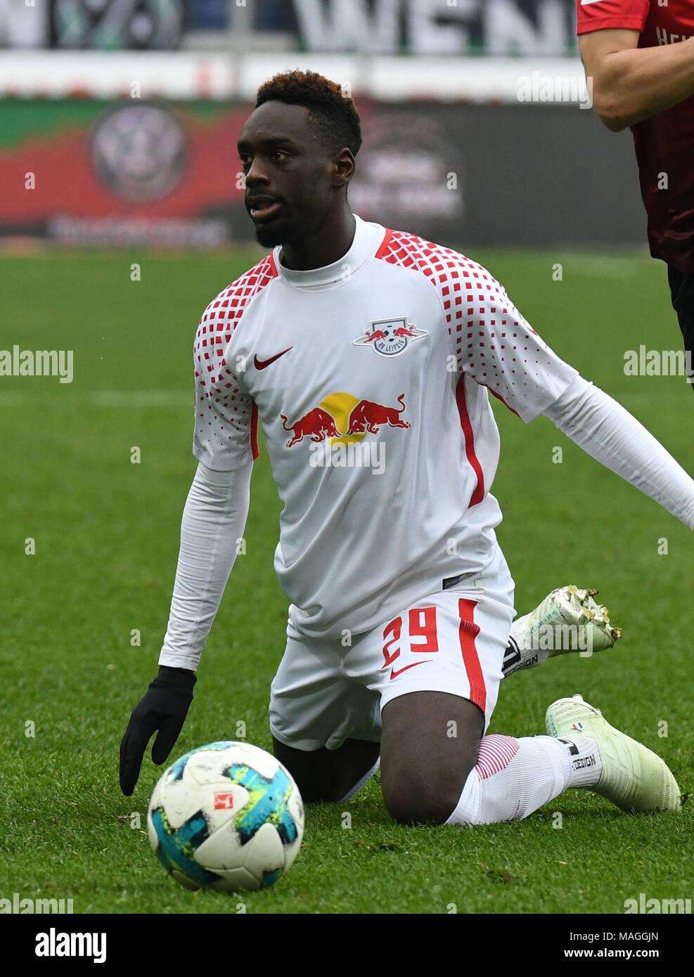31 March 2018, Germany, Hannover: soccer, Bundesliga, Hannover 96 vs RB Leipzig in the HDI Arena. Leipzig's Jean-Kevin Augustin in action. Photo: Peter Steffen/dpa Stock Photo