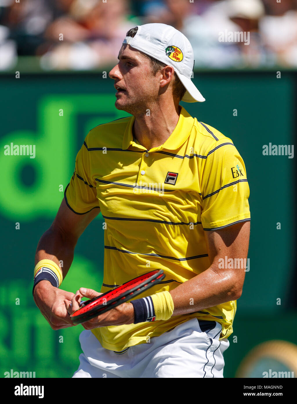 April 01, 2018: John Isner of the United States in action against Alexander Zverev of Germany in the men's single championship final of the 2018 Miami Open presented by Itau professional tennis tournament, played at the Crandon Park Tennis Center in Key Biscayne, Florida, USA. Isner won 6-7(4), 6-4, 6-4. Mario Houben/CSM. Stock Photo