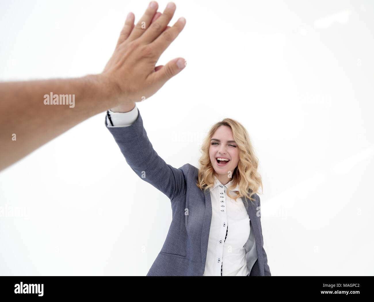 successful business woman giving a high five Stock Photo - Alamy