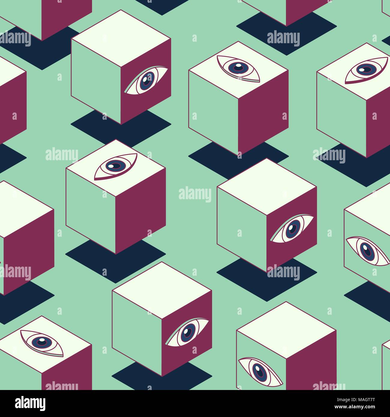 Abstract cubes with eyes. Seamless pattern. Clipping mask used. Stock Vector