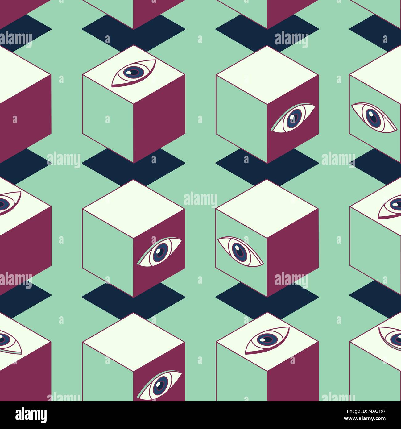 Abstract cubes with eyes. Seamless pattern. Clipping mask used. Stock Vector
