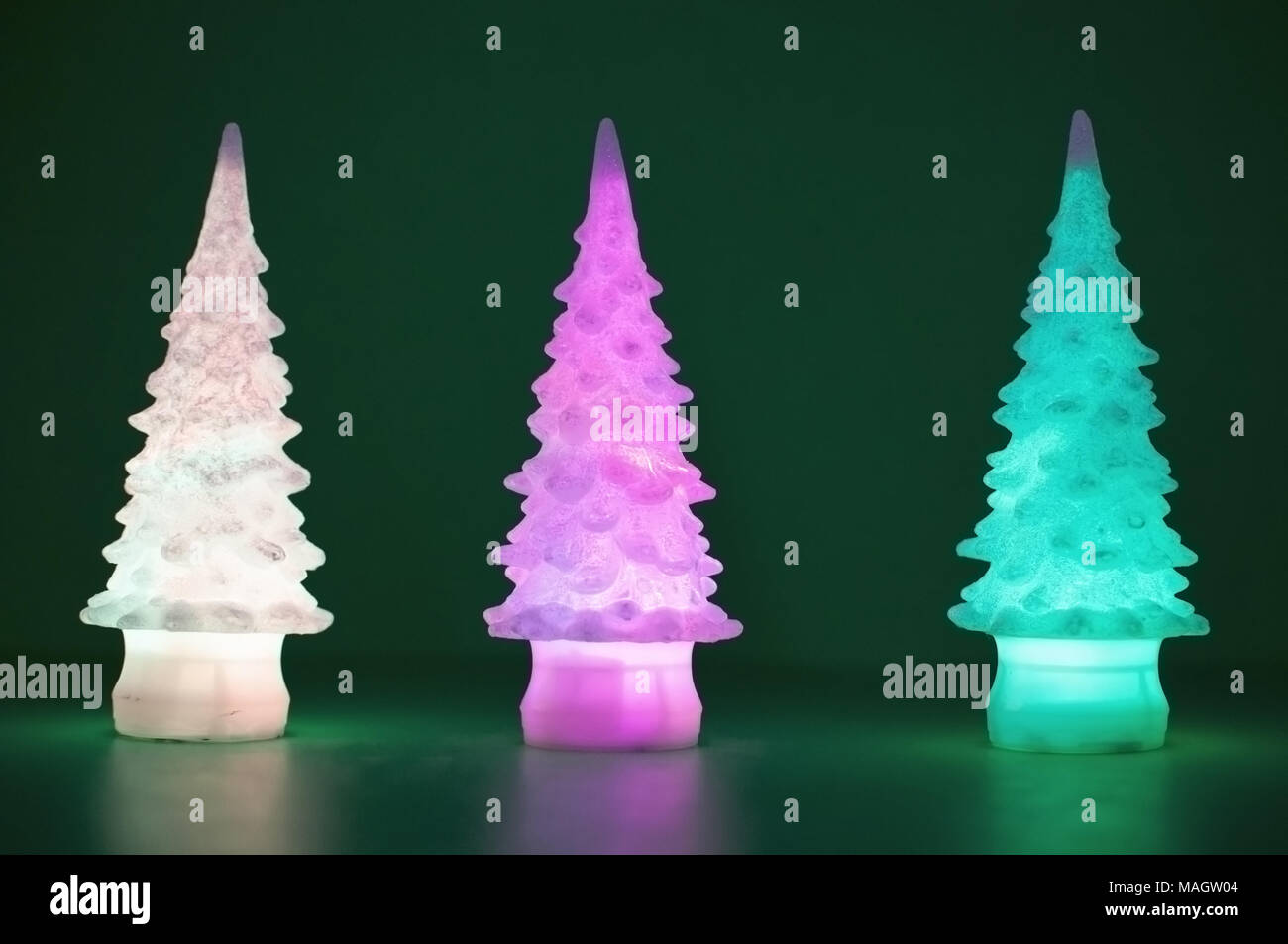 Light up pine trees glittering different colors for Christmas. Stock Photo