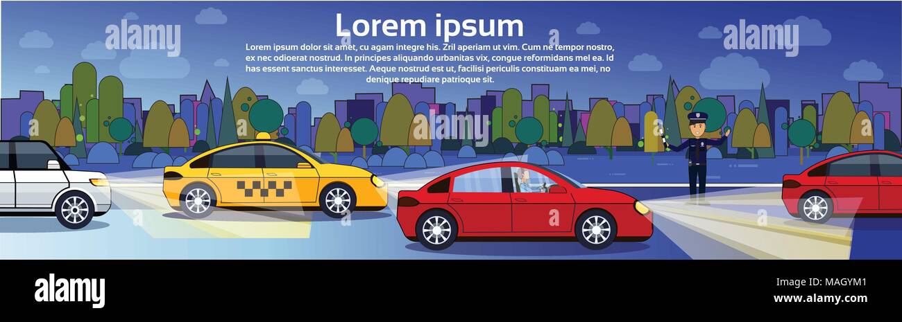 Police Man Regulating Night Traffic On Road With Cars Template