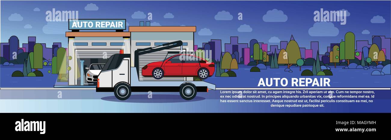 Truck Towing Car To Auto Repait Garage At Night Horizontal Banner