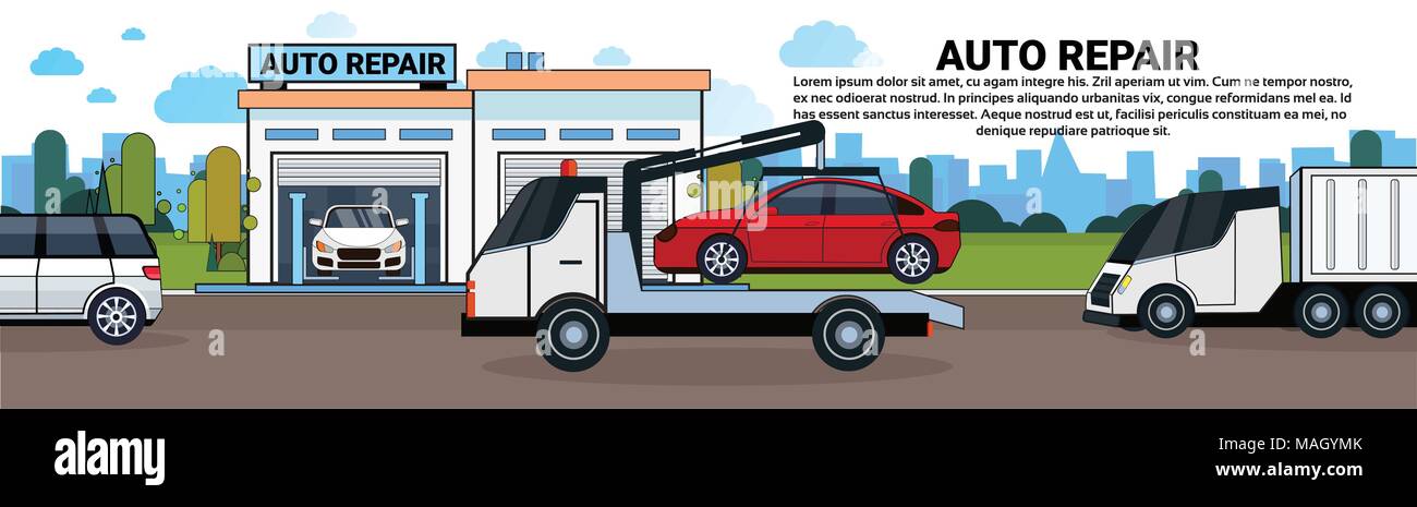 Truck Towing Car To Auto Repait Garage Horizontal Banner With Copy
