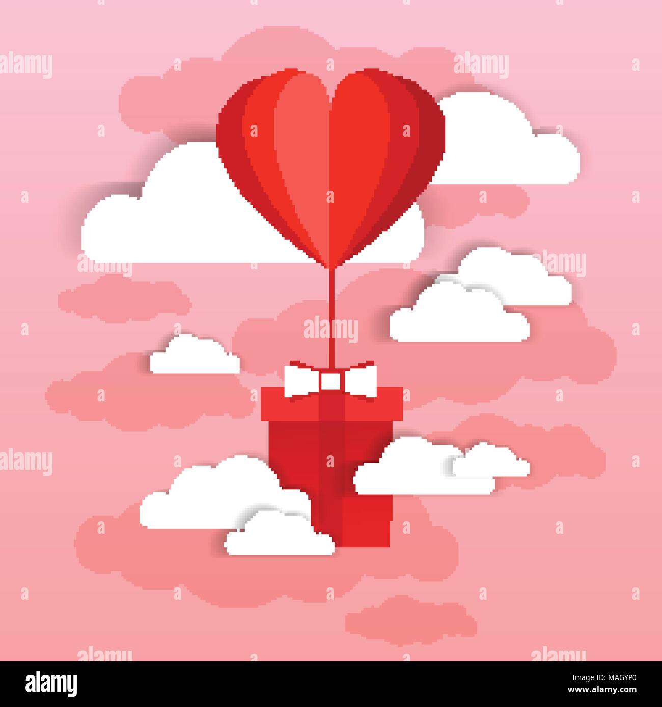 Heart Shaped Air Balloon Fly With Present Box Over Pink Sky And Clouds ...
