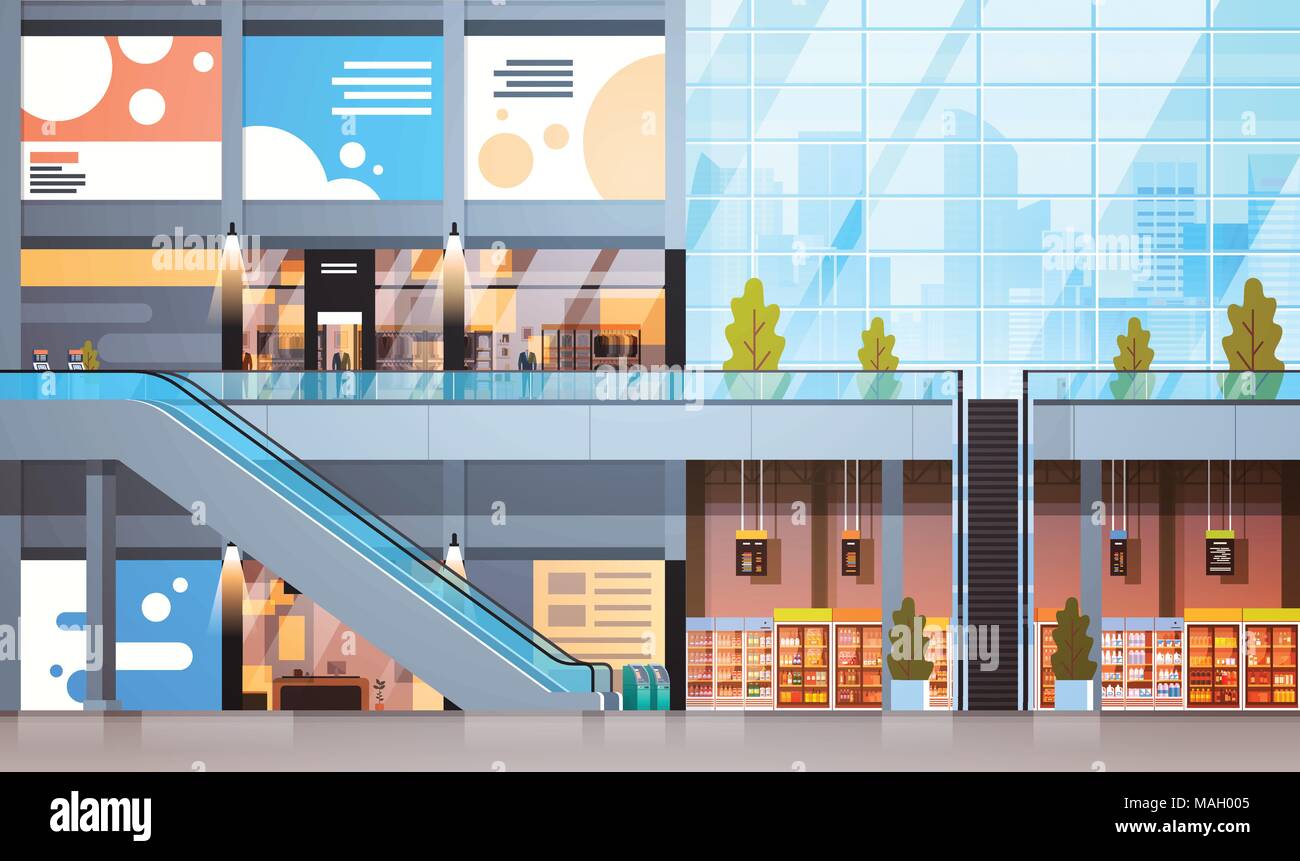 Modern Retail Store With Many Shops And Supermarket Empty Interior No ...
