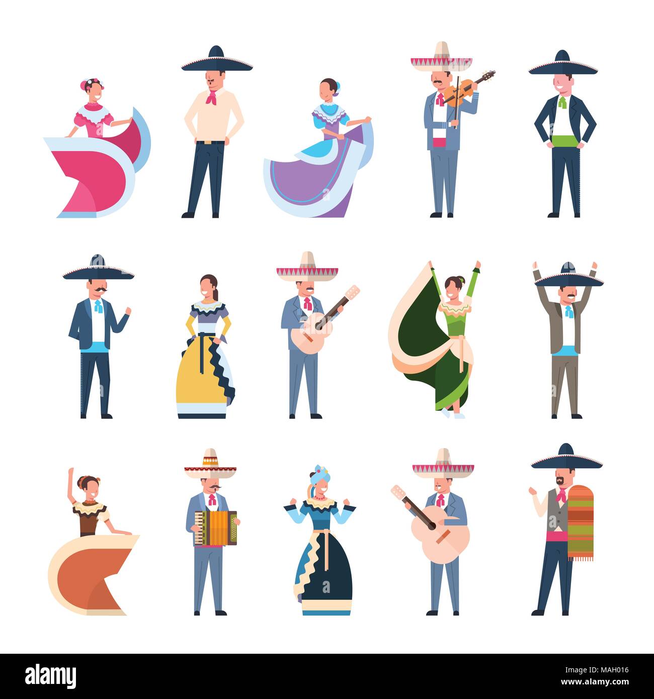 Set Of Mexican People In Traditional Costumes Dancers And Musicians Isolated On White Background Stock Vector