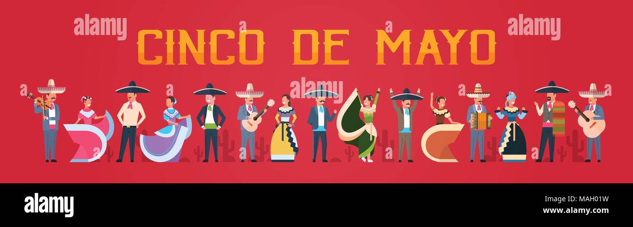 Cinco De Mayo Festival Poster With Mexican People In Traditional Clothes Musicians And Dancers Horizontal Banner Stock Vector