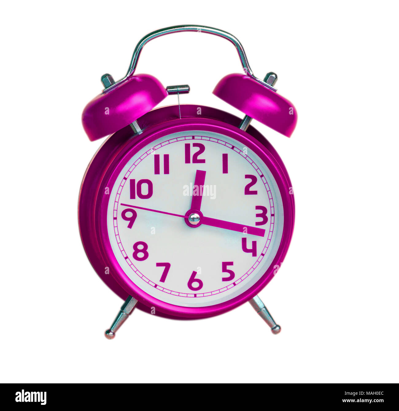 purple retro alarm clock on white background Stock Photo Alamy