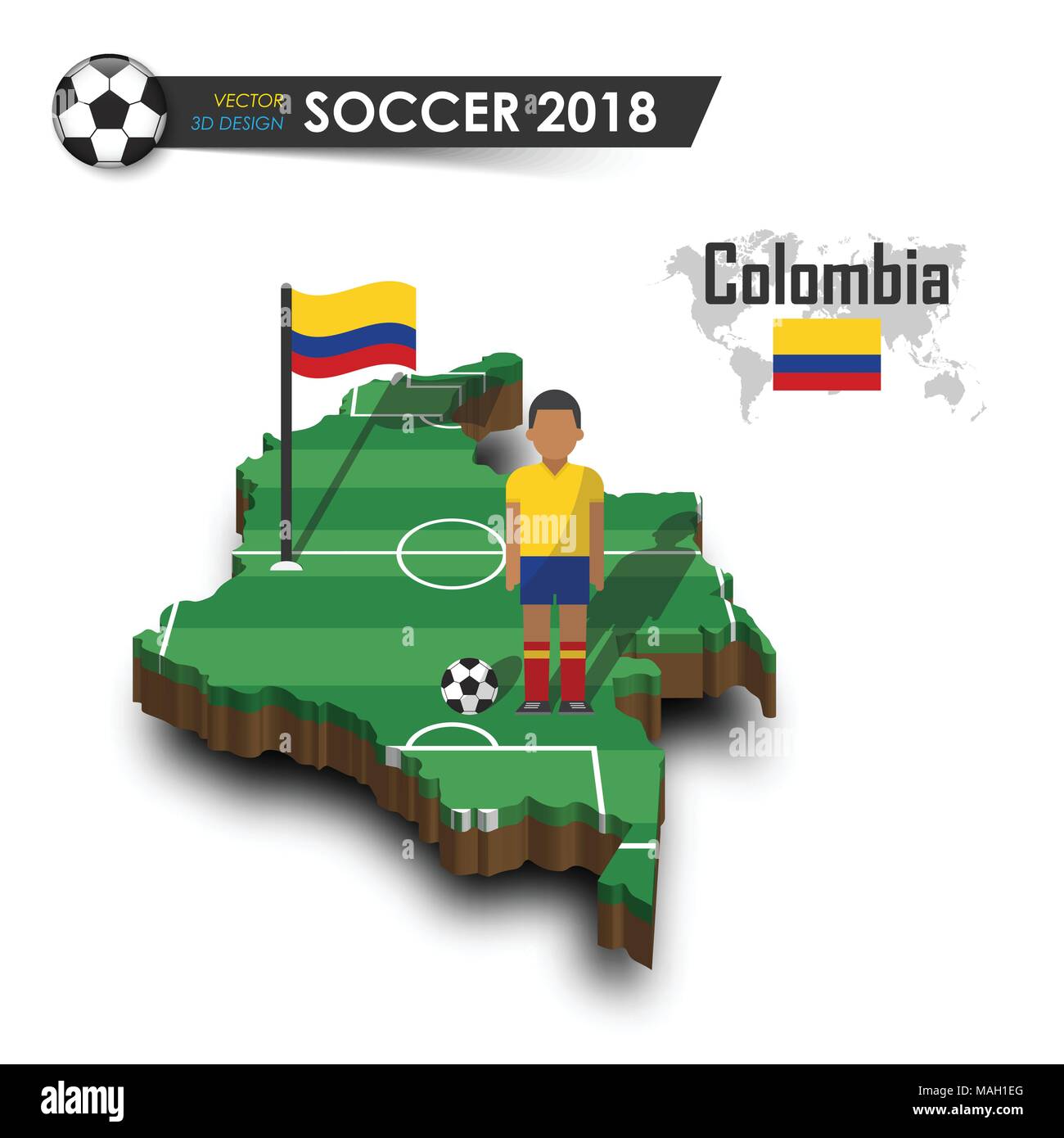 Colombia national soccer team . Football player and flag on 3d design country map . isolated background . Vector for international world championship  Stock Vector