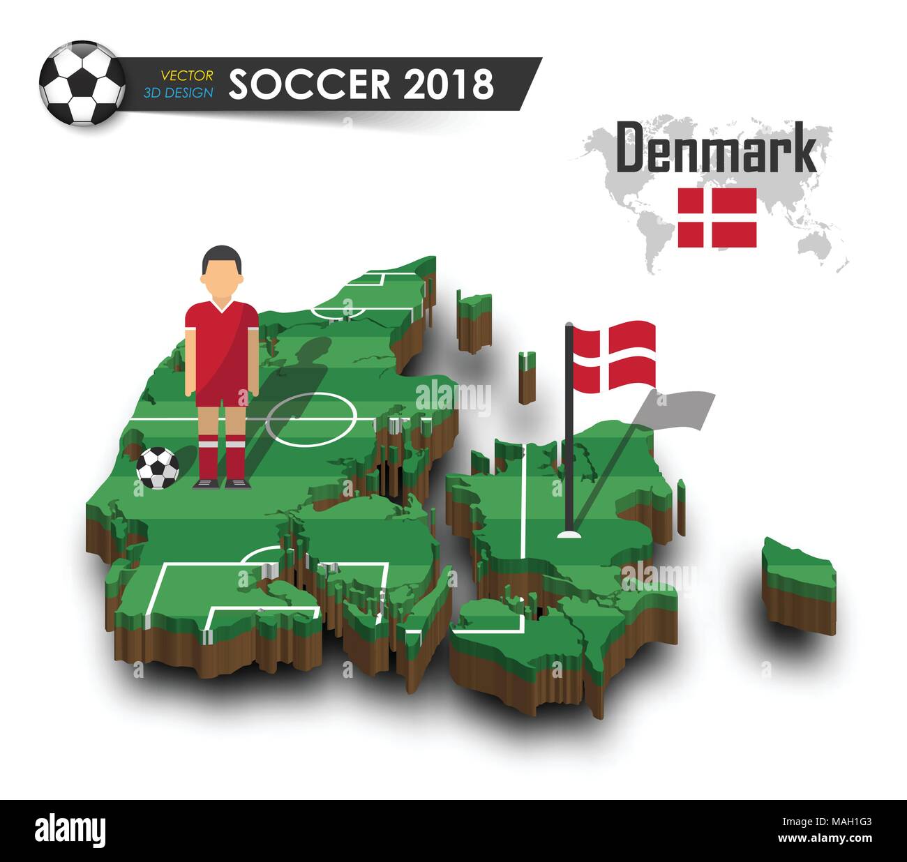 Denmark national soccer team . Football player and flag on 3d design country map . isolated background . Vector for international world championship t Stock Vector