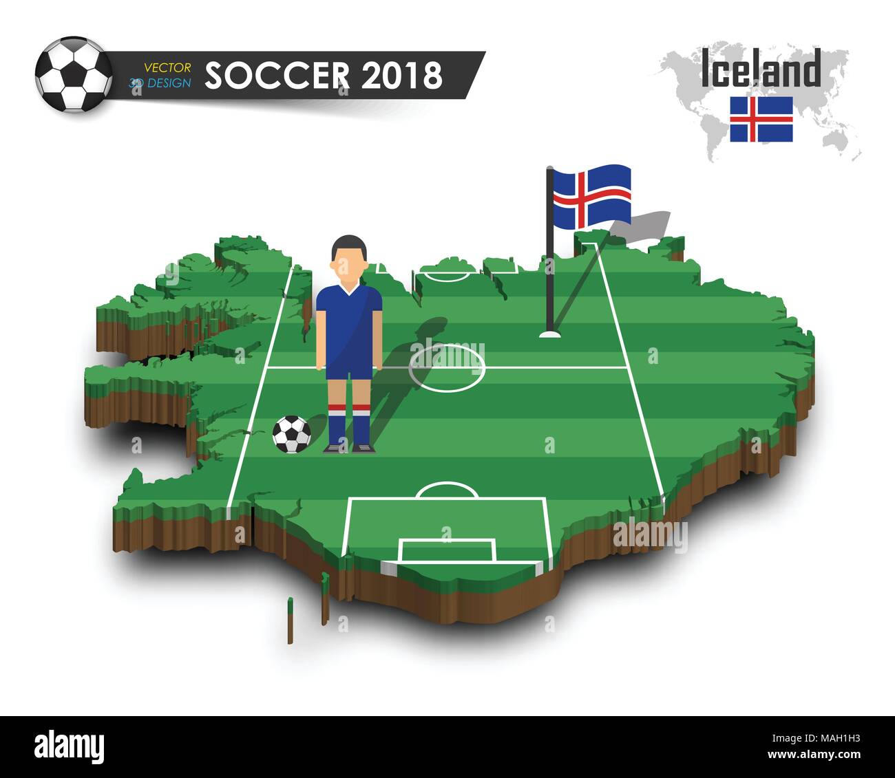 Iceland national soccer team . Football player and flag on 3d design country map . isolated background . Vector for international world championship t Stock Vector