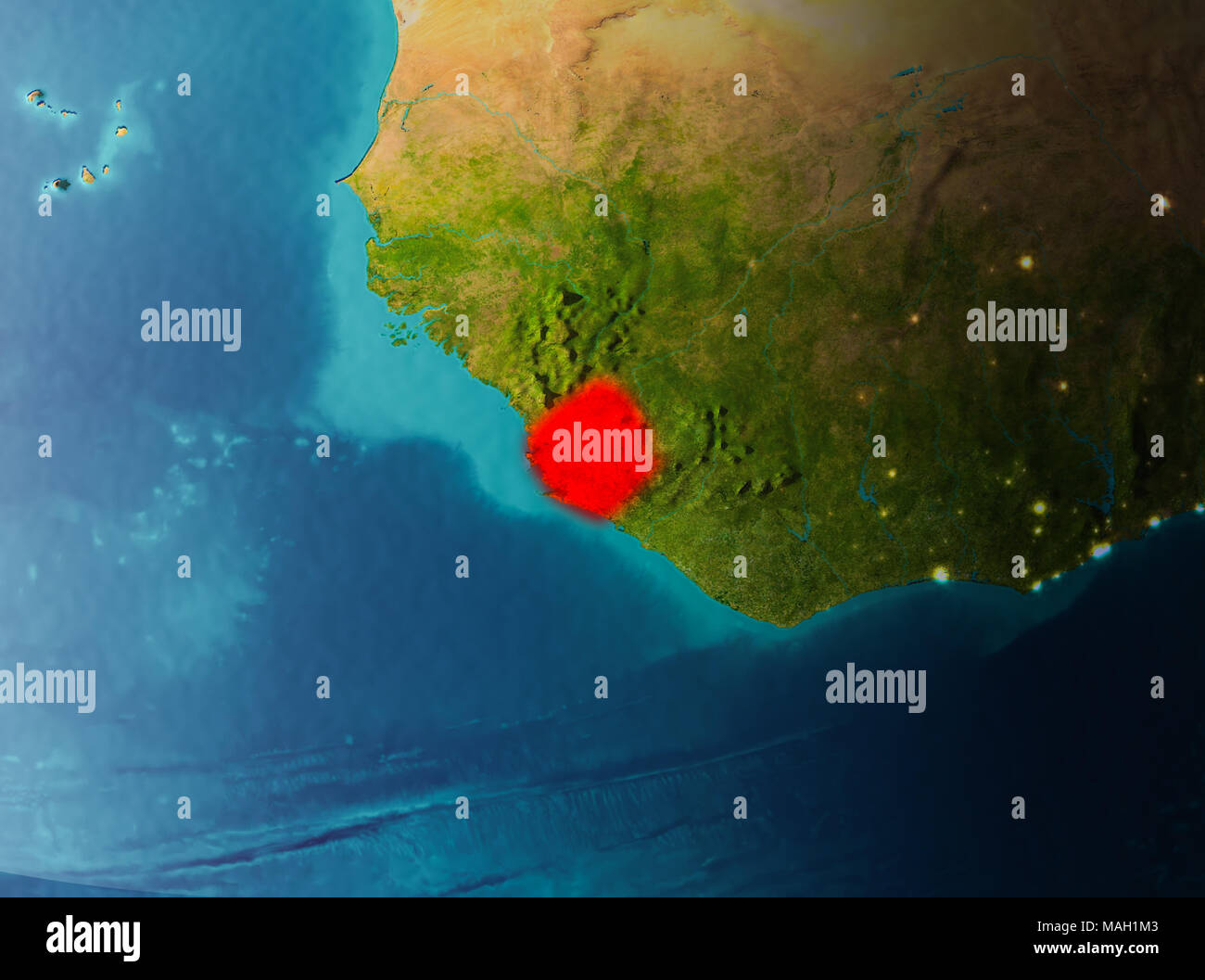 Sierra Leone in early morning light highlighted in red on planet Earth ...