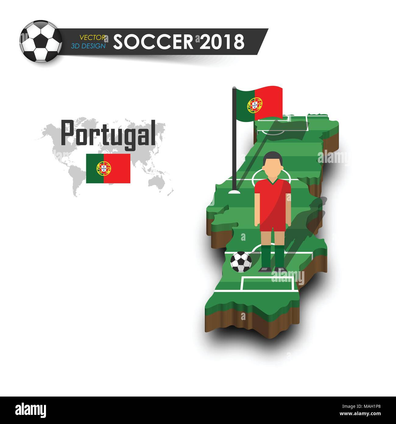 Portugal national soccer team . Football player and flag on 3d design country map . isolated background . Vector for international world championship  Stock Vector