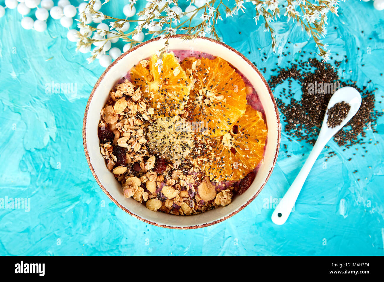 Detox and healthy superfoods breakfast bowl concept. Vegan coconut milk