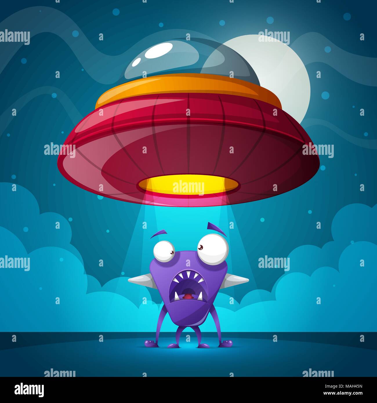 Alien, ufo illustration. Night cartoon landscape. Stock Vector