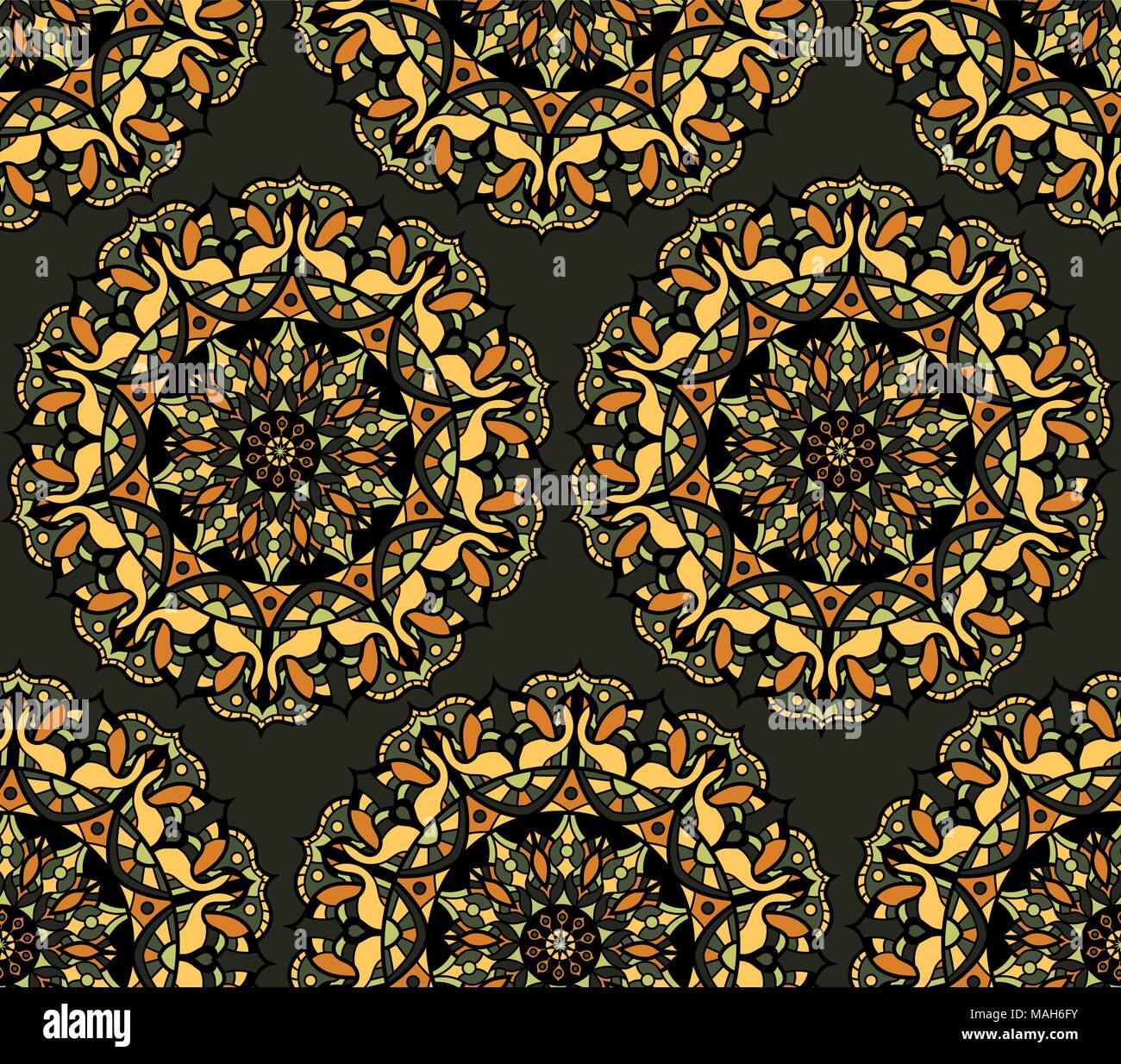 Seamless repeating pattern of colored mandalas Stock Vector