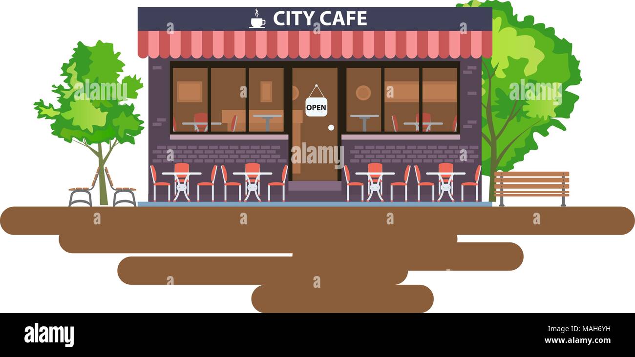 Central cafe building exterior with summer terrace, tables, chairs and trees. Vector flat illustration Stock Vector