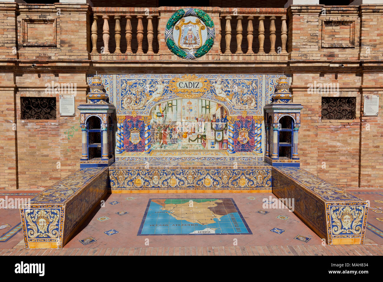 Tiled Alcoves of Spanish Provinces Along the Walls of Plaza de Espana in Seville, Spain. Cadiz