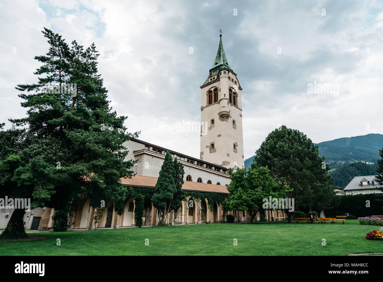 Schwaz, Austria - August 8, 2017:  View of the church of the picturesque town of Schwaz in  Austrian state of Tyrol near Innsbruck. Stock Photo