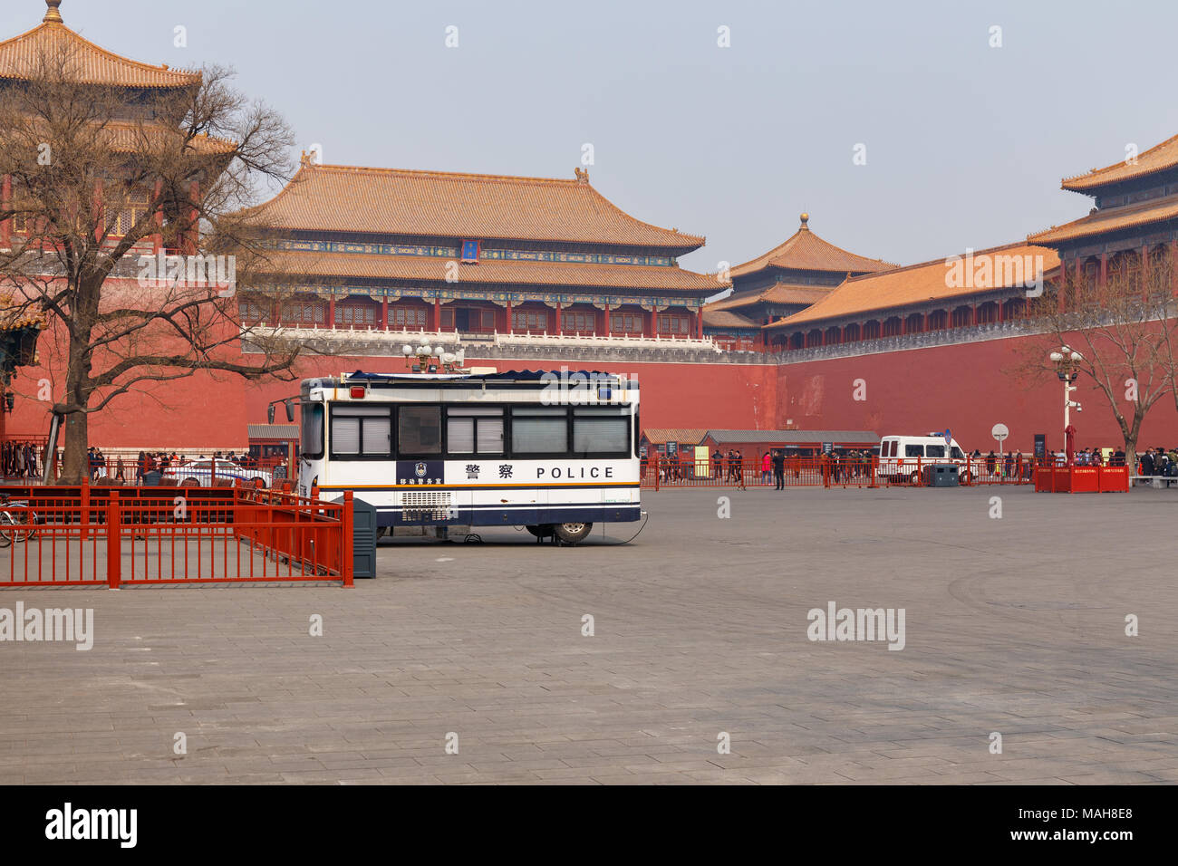 Mobile police station parked at the entrance to the Forbidden City in Beijing, China in March 2018. Stock Photo
