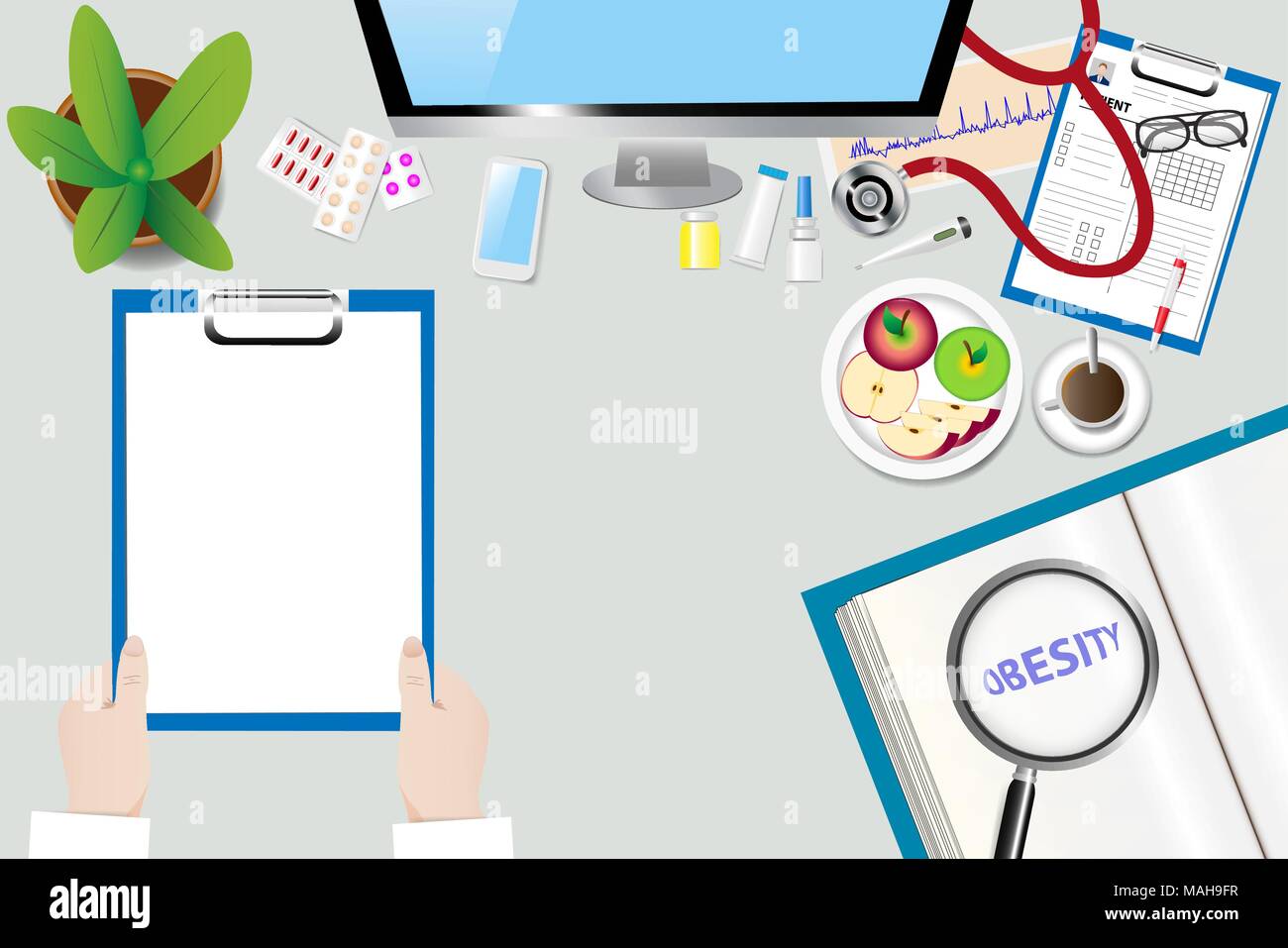 Doctor Table View Top view of a medical table with doctor accessories. Doctor is holding ...