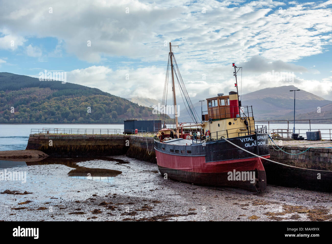 Historic cargo steamer, Clyde Puffer the 'Vital Spark' moored at Inveraray Harbour on the west coast of Argyll in the Scottish Highlands, Scotland. Stock Photo